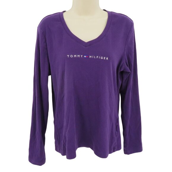 Tommy Hilfiger Women XL Purple V Neck Long Sleeve Shirt Top Embroidered Logo - Picture 1 of 8
